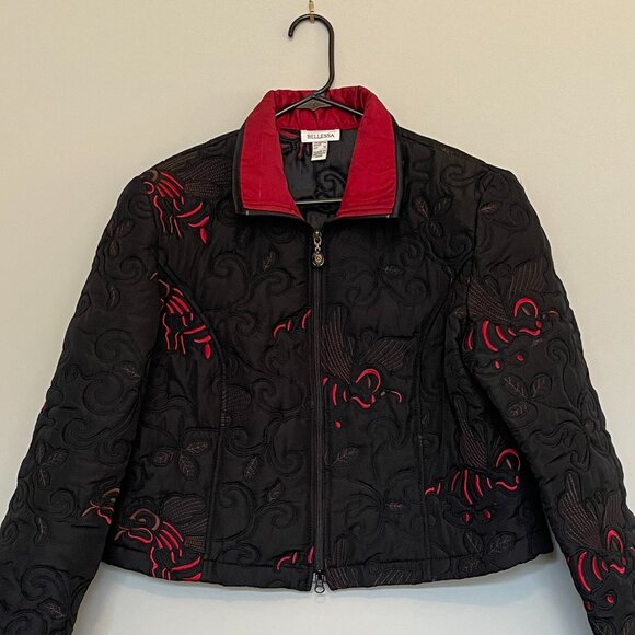 Embroidered Crop Moto Jacket Black Red Size 14 - Picture 1 of 10